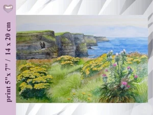 IRISH LANDSCAPE Cliffs of Moher 5 x 7 print of a watercolor painting. Signed. - Picture 1 of 6