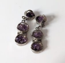 Vintage Silver Tone Statement Drop Dangle Earrings With Amethyst Stone Chips