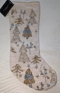 Tahari Beaded Christmas Stocking Ivory Gold & Silver Beaded Evergreens - Picture 1 of 5