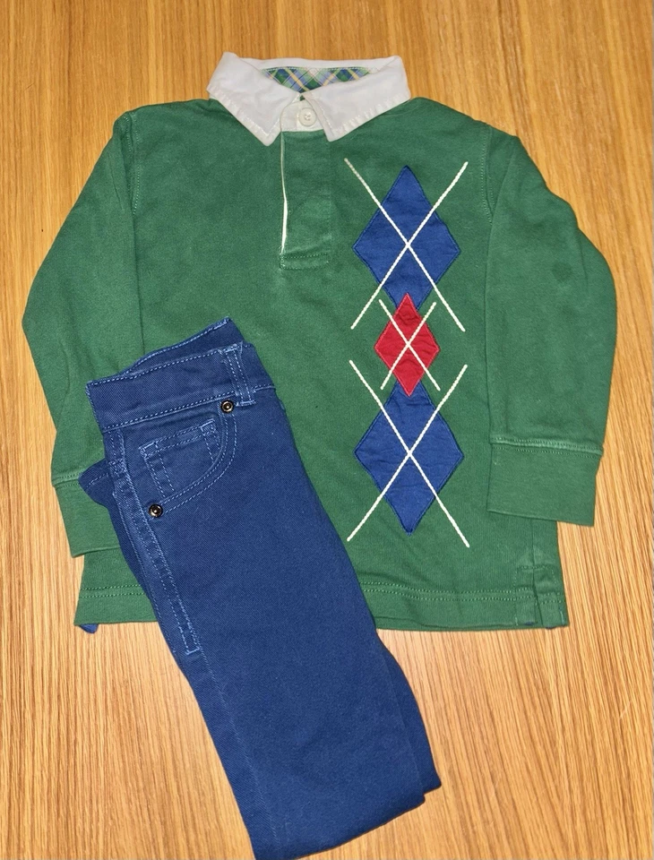 Conjunto Remix Retro: Aspecto Preppy Años 90: Camisa de Rugby Gymboree Talla 4, Pantalones 5 Ajustados Foto 1 de 4