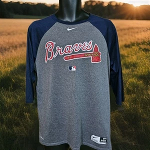 Nike Dri Fit MLB Atlanta Braves Mens Large Gray Blue Raglan Sleeve Shirt EUC  - Picture 1 of 10