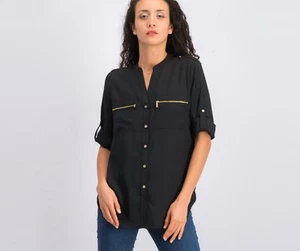 Calvin Klein Black Roll Tab Button Down Blouse Collarless Size Small NWT - Picture 1 of 13