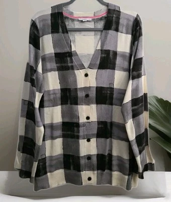 Cárdigan ligero Isaac Mizrahi Live para mujer XL negro crema gris botón a cuadros Foto 1 de 4