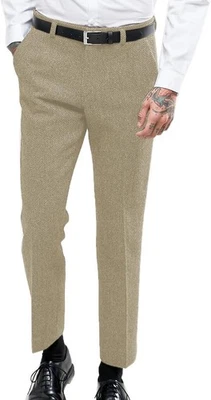 Men's Thick Wool Herringbone Tweed Trousers Retro Flat Front Dress Pants Casual - Image 1 of 4