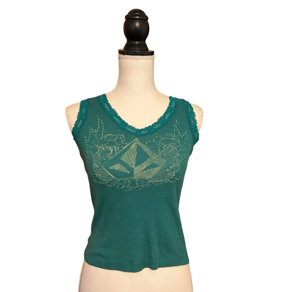 Vintage Volcom Womens Y2K Lace Trim Ribbed Tank Studded  Size S Green 90s - Image 1 of 4