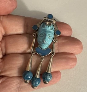 MEXICO Sterling Silver 950 Turquoise & Blue Stones FACE Pin/pendant - AS IS - Picture 1 of 8