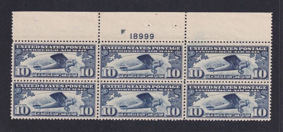 1927 Lindbergh Sc C10 AIRMAIL 10c Spirit of St Louis MNH XF plate block of 6 (TC - Image 1 of 2