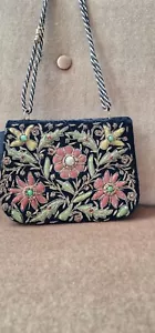Vintage handmade zardozi embroided clutch with semi precious stones black velvet - Picture 1 of 8