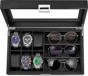 Watch Box Organizer, w/ Real Glass Top, Sunglasses Case, for Men, Carbon Fiber - Picture 1 of 15