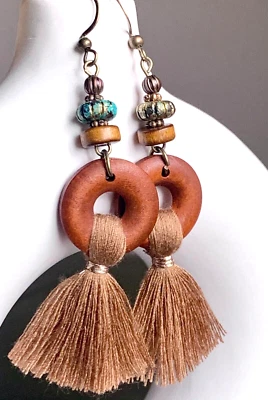 3" Earthy Boho Bohemian Wood Bead Beaded Tan Tassel Tasseled Dangle Earrings New - Image 1 of 3