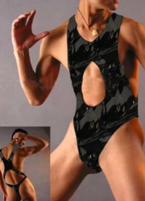 KF227 Mens Bodysuit Leotard PVC Vinyl S Black - Image 1 of 4