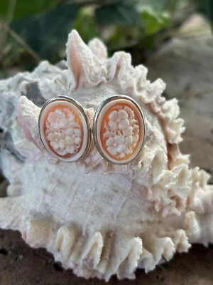 Orecchini Con Cammeo Corniola , Orecchini In Argento , Cameo Fiori , Argento 925 - Immagine 1 di 3