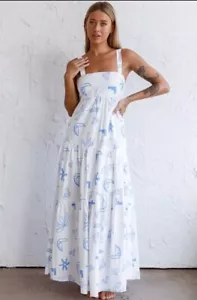 Indikah Maxi Dress Womens Indianna Square Neckline Size 10 White Printed Cotton - Picture 1 of 14