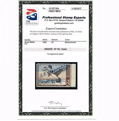 EXCEPTIONAL SCOTT #RW29 USED FEDERAL DUCK STAMP PSE CERT GRADED XF-90 #20241 - Image 1 of 3