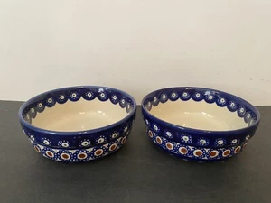 Polish Pottery Boleslawiec Peacock Eyes Brown Blue Dot Bowl Salad Soup Cereal 6” - Picture 1 of 7