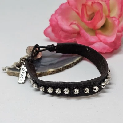 Pulsera Boho 8" Key Peace de cuero marrón fósil tono plata cuentas dijes   Foto 1 de 4