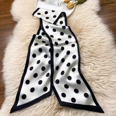 6"X61"Dots Pure Mulberry Satin Silk Two Layers Bevel Long Scarf 4-81 - Image 1 of 2