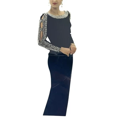 SHO MAX Originals Long Silk Black Dress Silver Beading Gown - Image 1 of 4