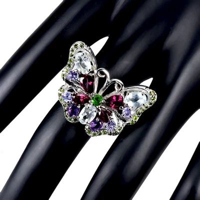 925 Anello Argento Sterling Ovale Acquamarina Ametista Gemma Farfalla Taglia - Immagine 1 di 4