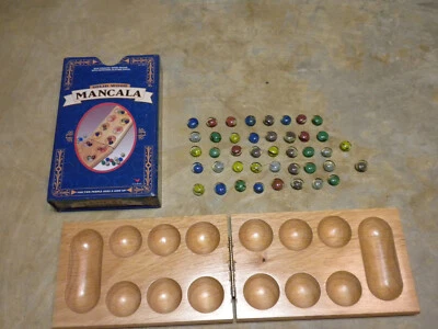 ONLY HAS 42 STONES Vintage 1999 Mancala Solid Wood Oak Finished InMetal Tin Game - Image 1 of 4