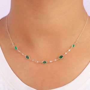 Mix Natural Emerald Station 14k Yellow Gold Diamond Necklace Xams Jewelry 14" - Picture 1 of 8