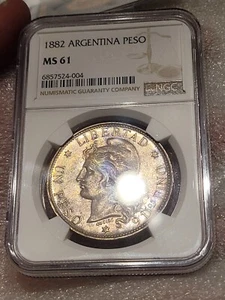 ARGENTINA SILVER COIN 1 ONE PESO "PATACON" 1882 CROWN NGC MS61 (Looks Much Bett - Picture 1 of 13