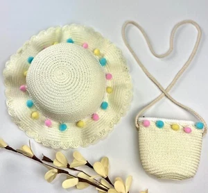 Kids Children Girls Straw Beach Hat and Shoulder Bag Set Summer Spring - Picture 1 of 10