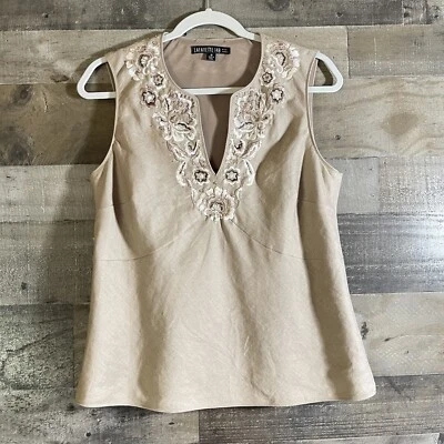 Lafayette 148 Women's Sz 10 Linen Embroidered Taupe Brown V-Neck Blouse Top - Image 1 of 4