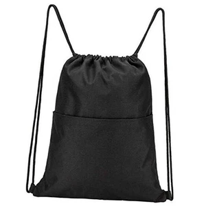Drawstring Backpack Water Resistant String Bag Sports Sackpack Gym Sack Black - Picture 1 of 7