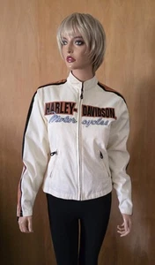 Vintage Women’s Harley Davidson Jacket Off White With Stripes Y2K Biker ~ SMALL - Picture 1 of 9