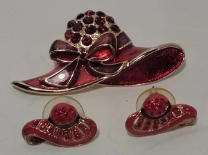 Vintage Scarlett Red Hat Society Strass Brosche Ohrringe Set - Bild 1 von 5