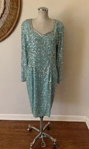 Vintage Cocktailkleid 90er schwarz zum Binden hellblau stark Perlen Seide M/L - Bild 1 von 11