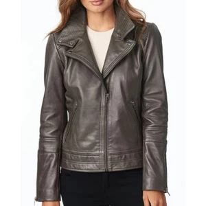 Neu ohne Etikett Bernardo Motorrad-Lederjacke in Morning Fog Damen Medium - Bild 1 von 9