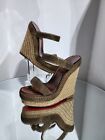 Christian Louboutin Brown Espadrill Wedge Heels Chain-Link Accents  Size 35