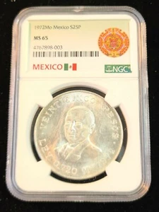 1972 MEXICO SILVER 25 PESOS S25P BENITO JUAREZ NGC MS 65 GEM BU BEAUTIFUL BLAZER - Picture 1 of 5