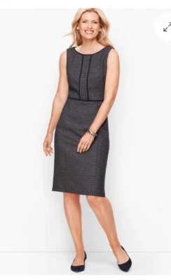 Talbots Houndstooth Sheath Dress 12 Petite Stretch Tweed Navy/Gray Career Boss - Image 1 of 4