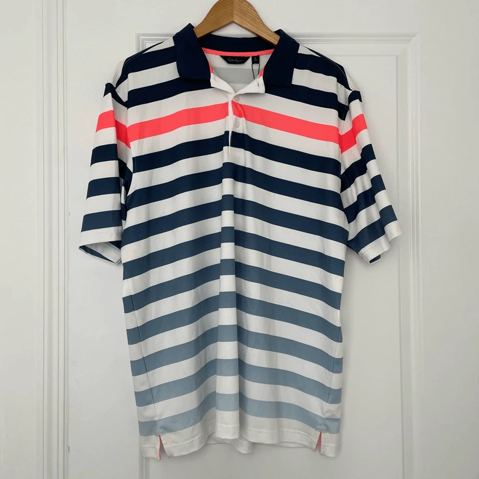 Walter Hagen Polo 衫男式大号蓝色橙色白色条纹高尔夫全新带标签 — 第 1/4 张图片