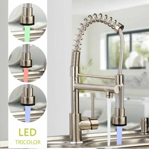 LED Swivel Pull Down Kitchen Sink Mixer Faucet Brushed Nickel 2 Spout Brass Taps - Picture 1 of 6