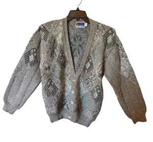 Sweater Graphix Vtg Mens Diamond Pattern Chunky Knit Cardigan Sz L Grandpa USA - Picture 1 of 10