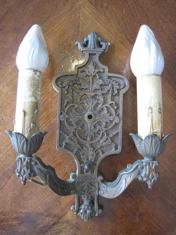 Vintage Antique Art Nouveau Brass Spelter Double Wall Lamp Light Fixture Sconce Cover
