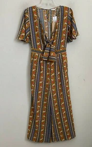 Blu Pepper Jumpsuit Mustard Multi Floral Tie Front Bare Belly Pockets Size S NEW - Picture 1 of 10