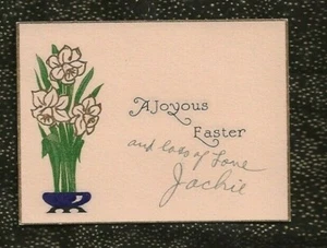Antique EASTER GREETING CARD FORCED DAFFODILS ART NOUVEAU VASE 2 1/2" x 3 1/2" - Picture 1 of 2