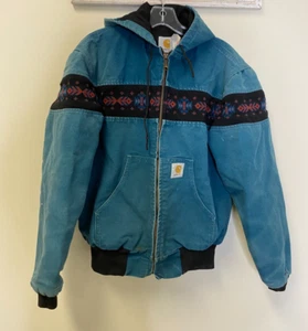 VINTAGE 90s Carhartt Hooded Aztec JACKET Canvas Teal Size Medium - Picture 1 of 8