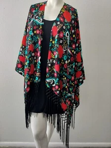 DG2 Size M/L Colorful Floral & Hummingbird Fringe Kimono Style Shawl - Picture 1 of 11