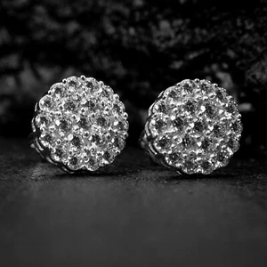 Men's Round Flower Set 925 Sterling Silver Iced Cz Round Cluster Stud Earrings - Picture 1 of 5