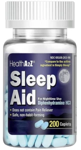 HealthA2Z Sleep Aid 200 Capsule |Difenidramina HCl 25mg, Semplicemente Dormire, ex 2027 - Foto 1 di 4