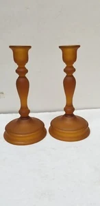 2 VTG TIFFIN AMBER FROSTED SATIN TAPERED CANDLESTICK HOLDERS 8 1/2" - Picture 1 of 9