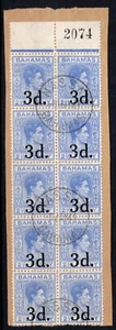 BAHAMAS 1940 3d ON 21/2d, SG 161, REQUISITION NO BLOCK OF 10, VF USED, CAT. 35€ - Bild 1 von 2