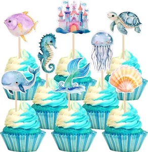 32 Pack Mermaid Cupcake Toppers Glitter Under The Sea Octopus Starfish Mermaid T - Picture 1 of 7