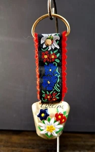 Vintage Swiss Brass Cow/Goat Bell With Embroidered Hanger - Hand Painted 5 1/4" - Picture 1 of 10